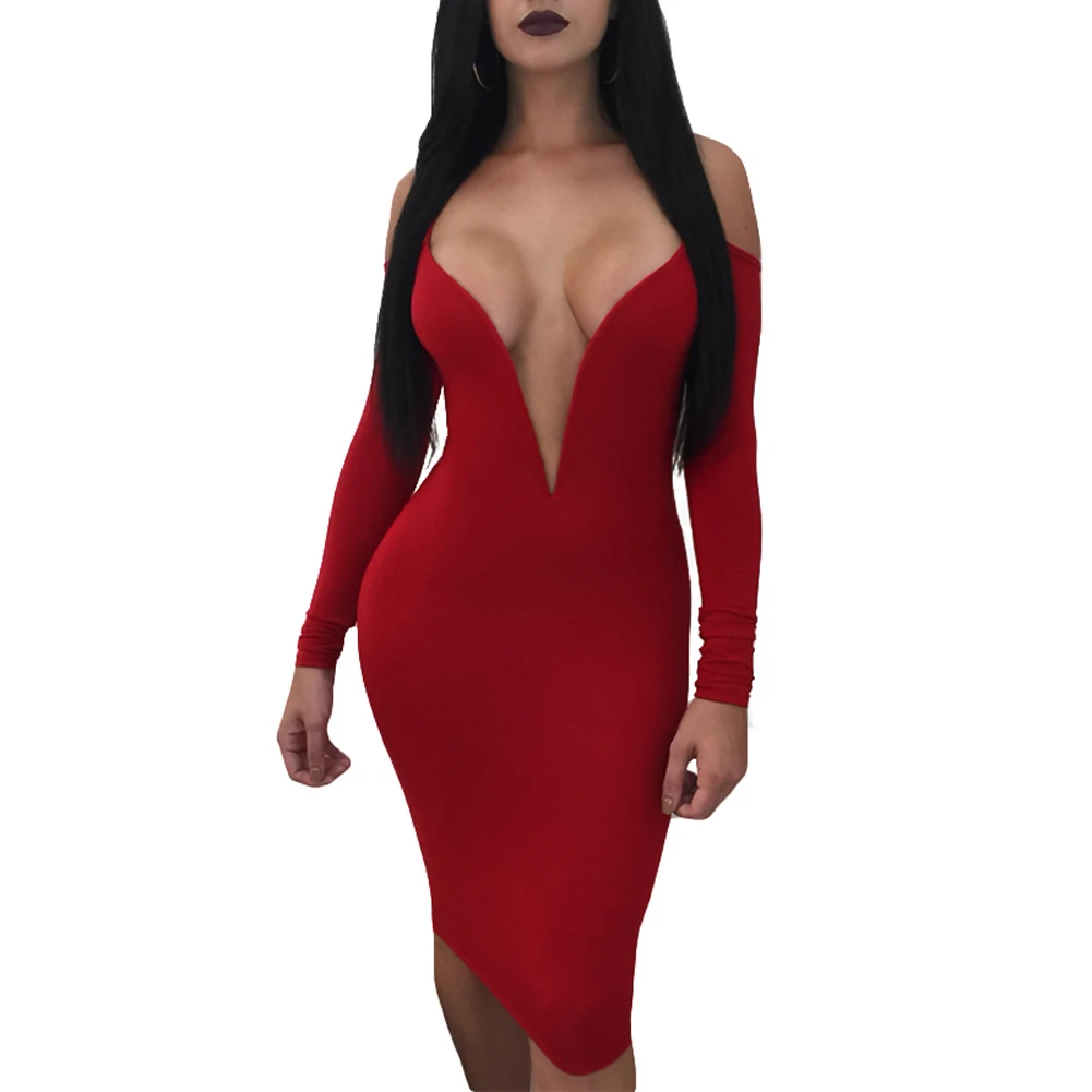 

Women Sexy Off Shoulder Backless Dress Deep V Neck Bandage Bodycon Dress Long Sleeve Party Dress Female Clubwear Robe Sexy 2019
