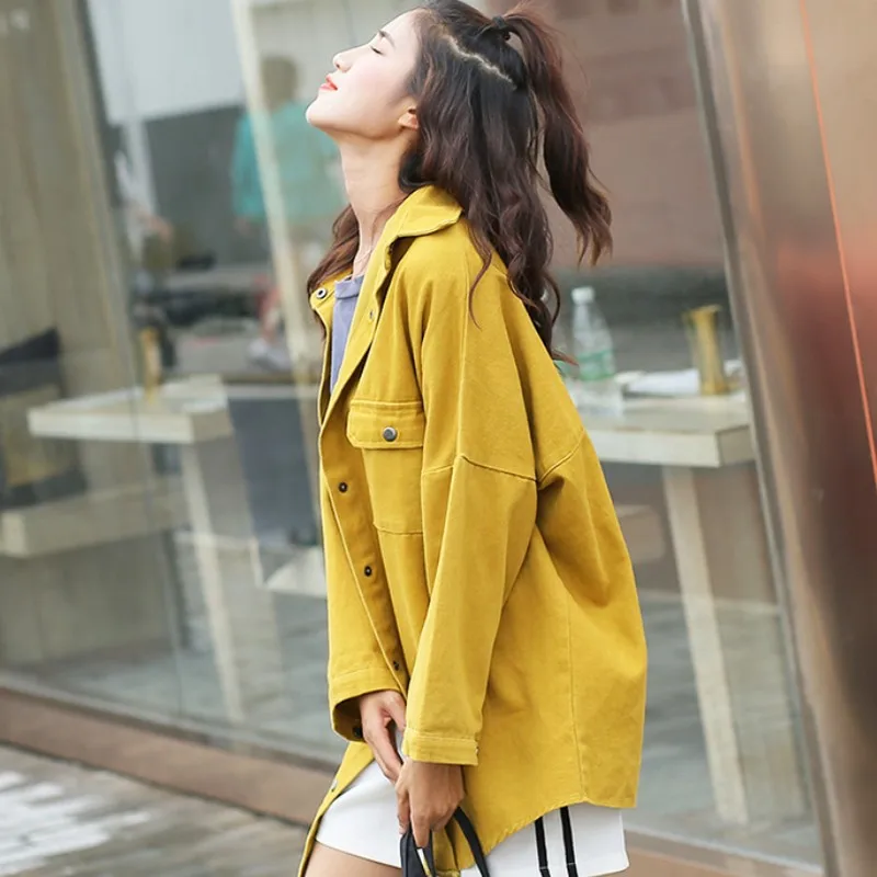 Весна Осень бойфренд свободные однобортные длинные женские джинсовые куртки