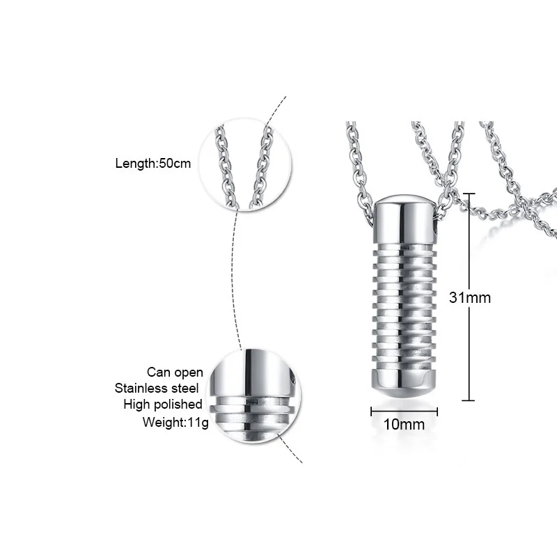 Нержавеющая сталь кулон с пеплом винты Форма ожерелье с урной на память для мужчин серебряный цвет кремации колье ювелирные изделия
