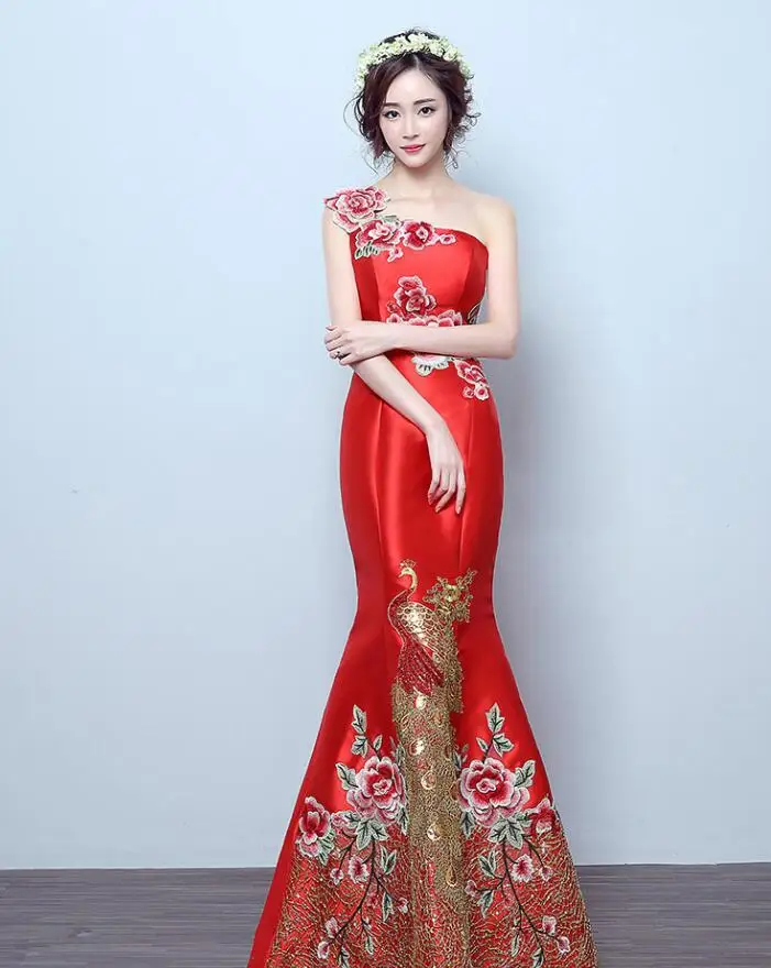 Красный Drak Зеленое Длинное платье Ципао с одним плечом, Vestidos, брюки-Чино, Восточный Ципао вечернее платье, Классические Вечерние Платья, размер s-xxl - Цвет: Красный