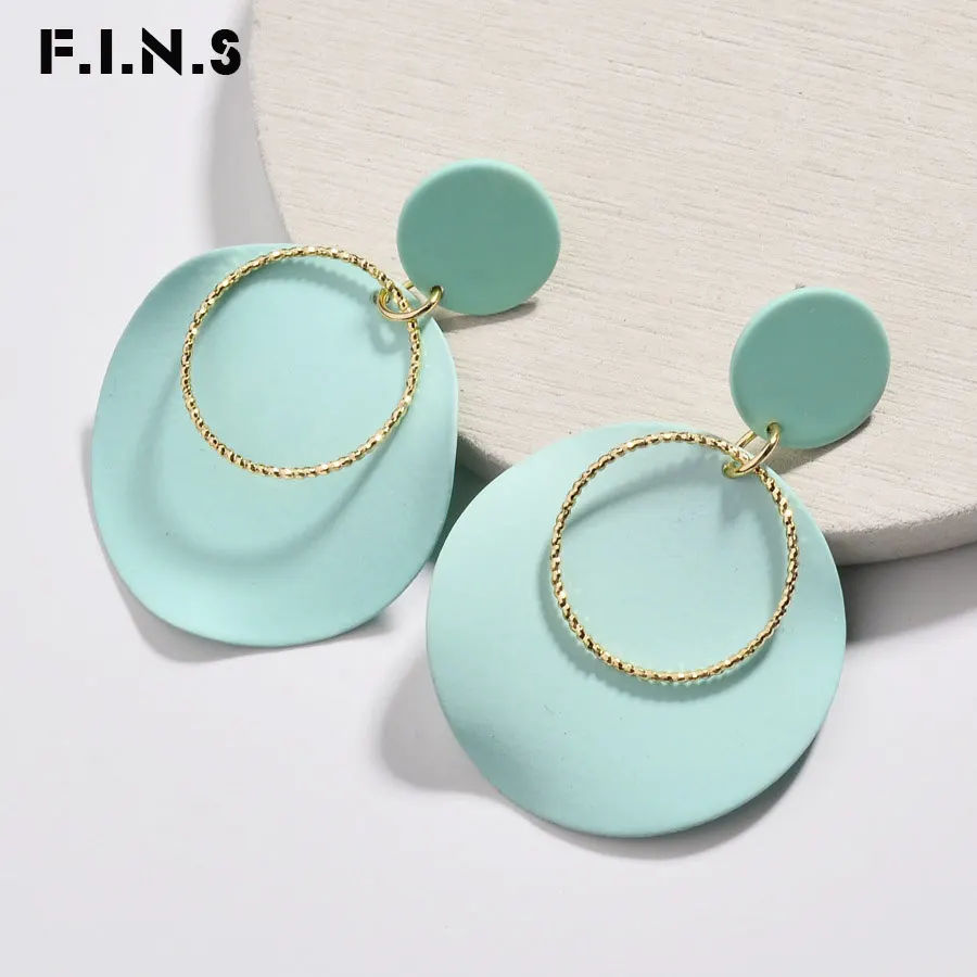 

F.I.N.S Green Grey Coating Matte Colored Earing Golden Circle Big Dangle Earring Multi Colors Geometric Drop Earrings for Women