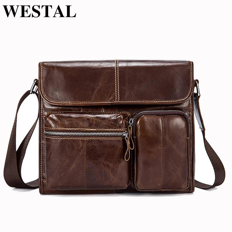 WESTAL حقيبة ساعي بريد للرجال المرأة جلد أصلي للرجال Crossbody الحقائب خمر حقيبة ساعي بريد للرجال حقائب كتف للرجال رفرف 380