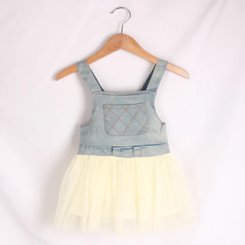 Summer Patchwork with Denim Mesh Infants and Young Children Harness Dress A-Line Baby Girls Clothes For 70-120cm