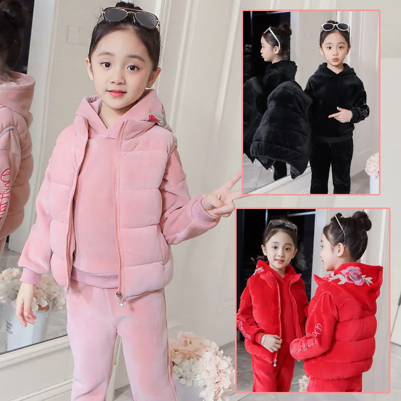 

Gold Velvet Sweaters Set For Girls Mbroidery Hoodie For Girl Soft Toddler Girl Winter Clothes 3 Pcs Suit Vest Coat Free Shipping