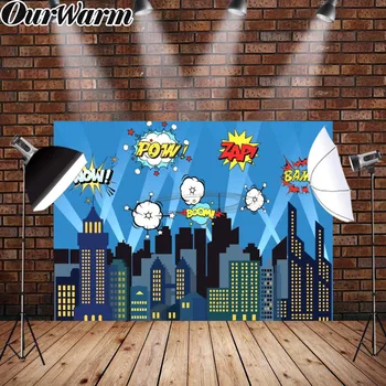 

OurWarm 5x7ft Superhero Themed Photo Background Children Birthday Party City Night Photography Backdrops Birthday Decor Kids Boy