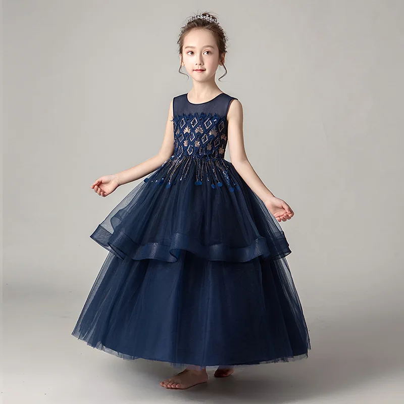 

2019 Girls Party Dress Children Sleeveless Tulle Long Maxi Party Wedding Gown Bridesmaid Kids Dress