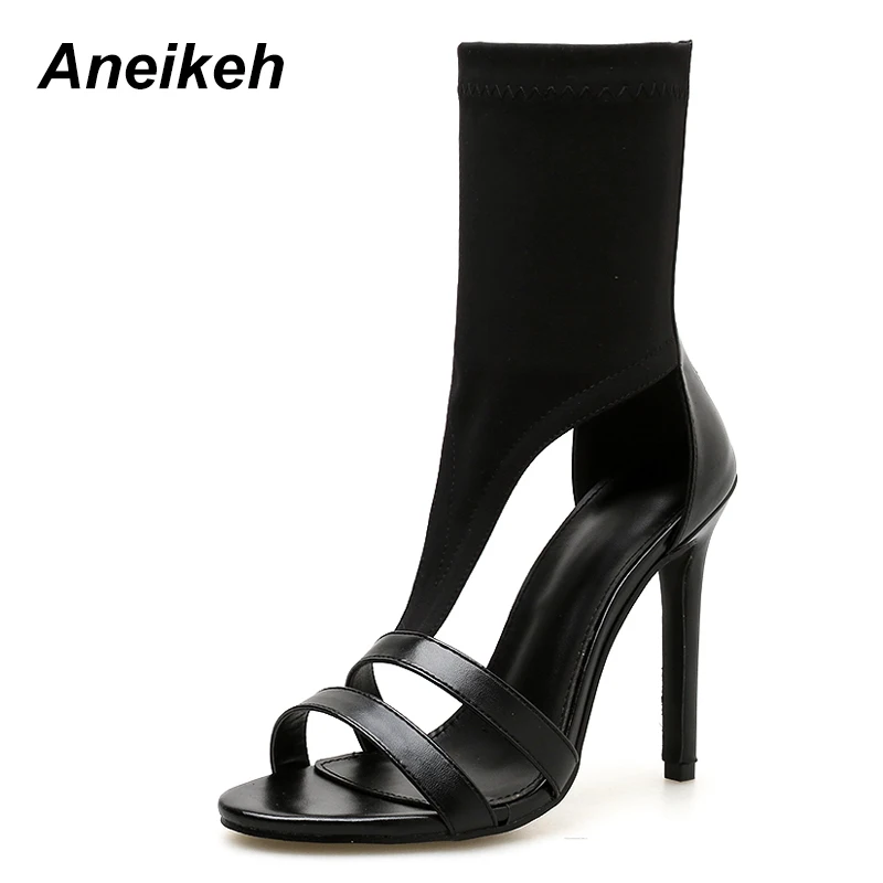 

Aneikeh Summer Fashion Women's High-heeled Shoes Stretch Fabric Zipper Sandals Concise Rome Shoes Woman Size 35-40
