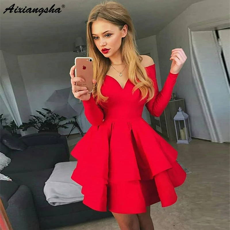 

Elegant Mini Short Party Dresses 2019 A Line Off the Shoulder V Neck Long Sleeves Elastic Satin Red Homecoming Dresses