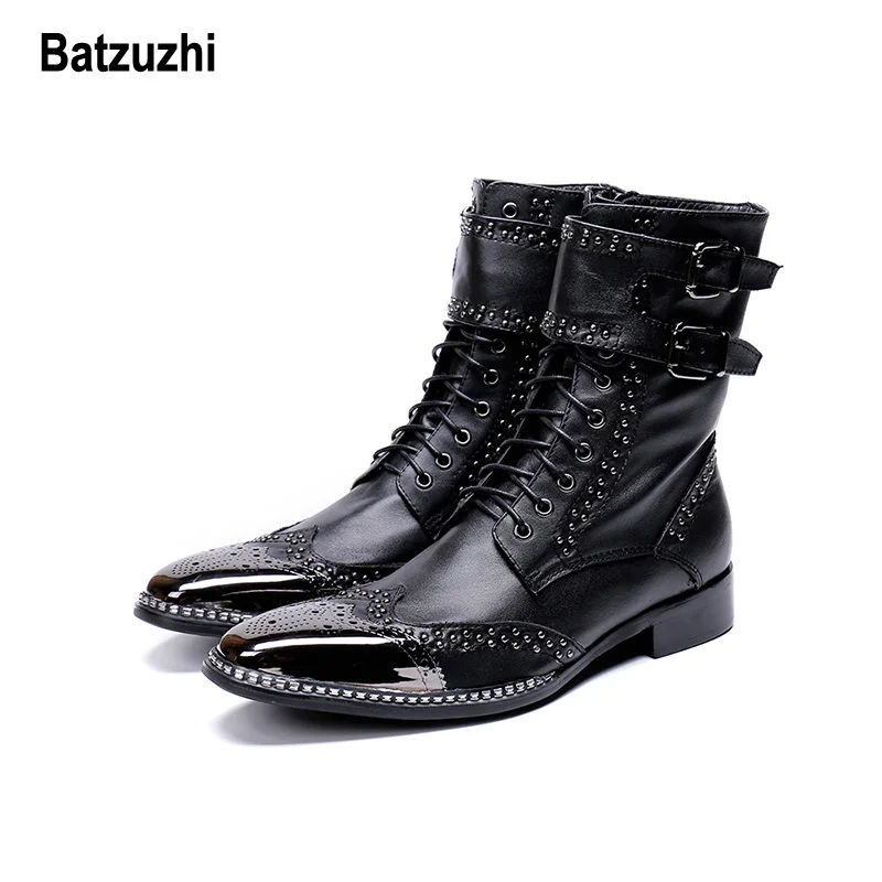 

Batzuzhi Brand New Men Shoes Pointed Metal Tip Knight Boot Men zapatos de hombre Black Genuine Leather Combat Boots for Men Bota