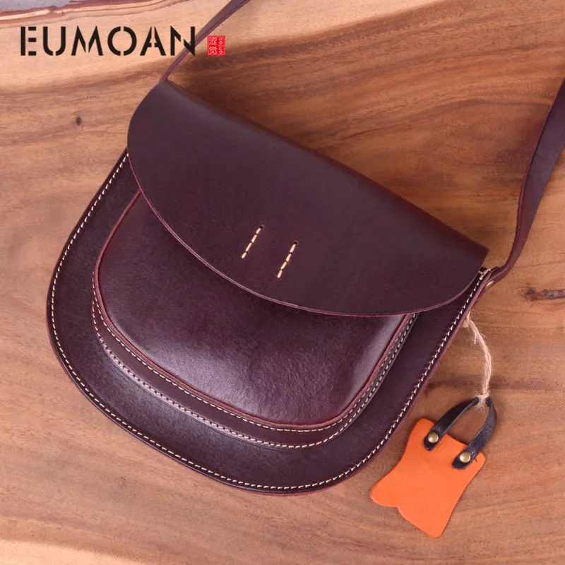 

EUMOAN Leather women's single shoulder span bag, head layer leather hard tree cake leather women's bag, hand-made retro bag