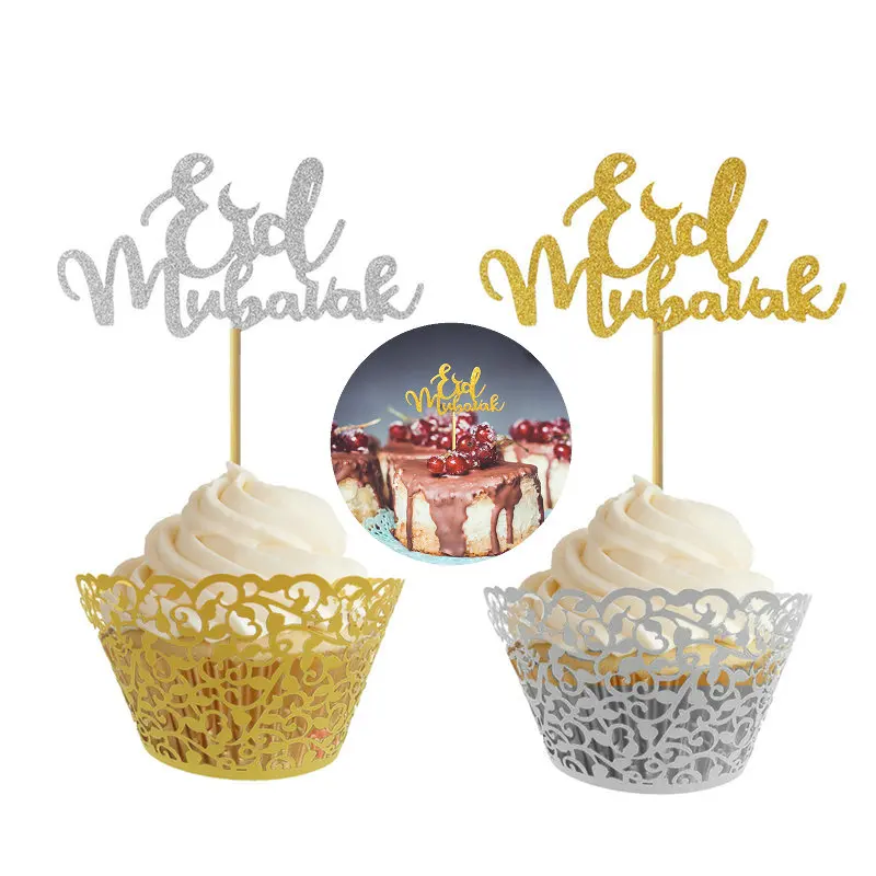 

10x Glitter Cake Toppers Eid Mubarak Party Ramadan Decor Cupcake Topper Muslim EID Cupcake Flags Cake Decor