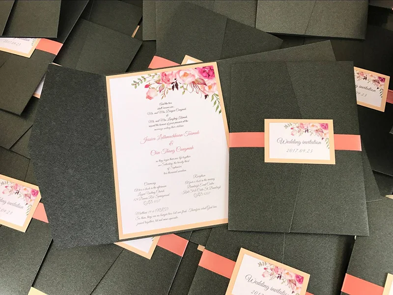  CA0668 Black Shimmer Pocketfold Wedding Invitations with Floral Designs - 1895660020