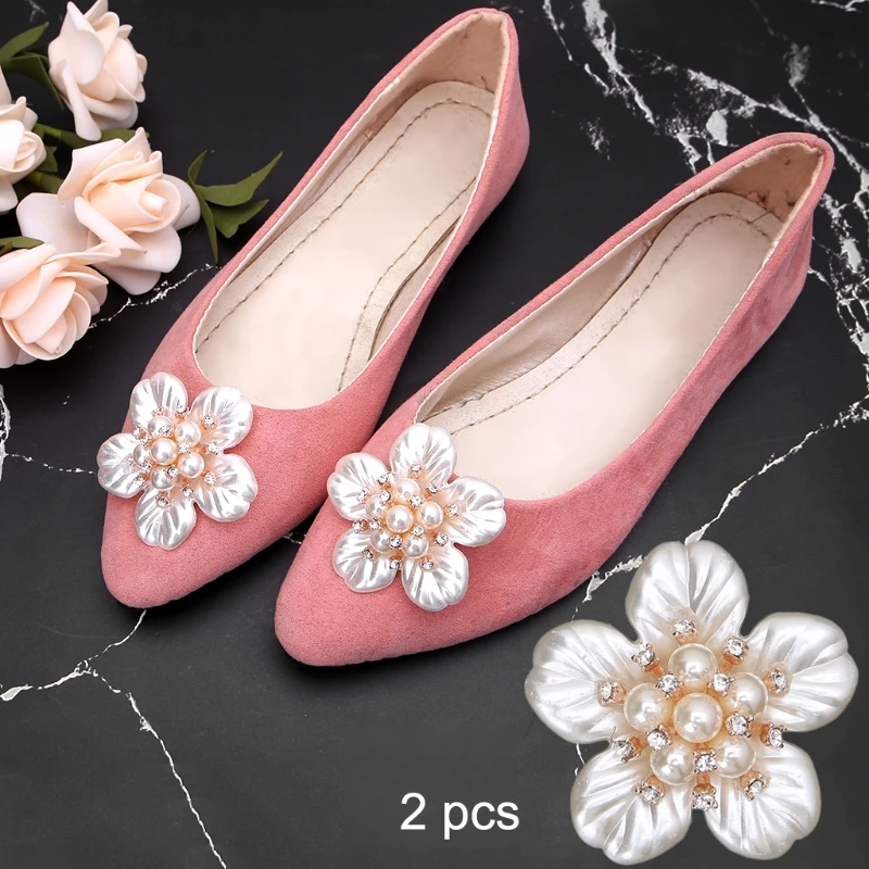 

KLV 2Pcs Flower Rhinestone Faux Pearl Embellishments Shoe Clips Cloth Patch Applique Shoe Decorations
