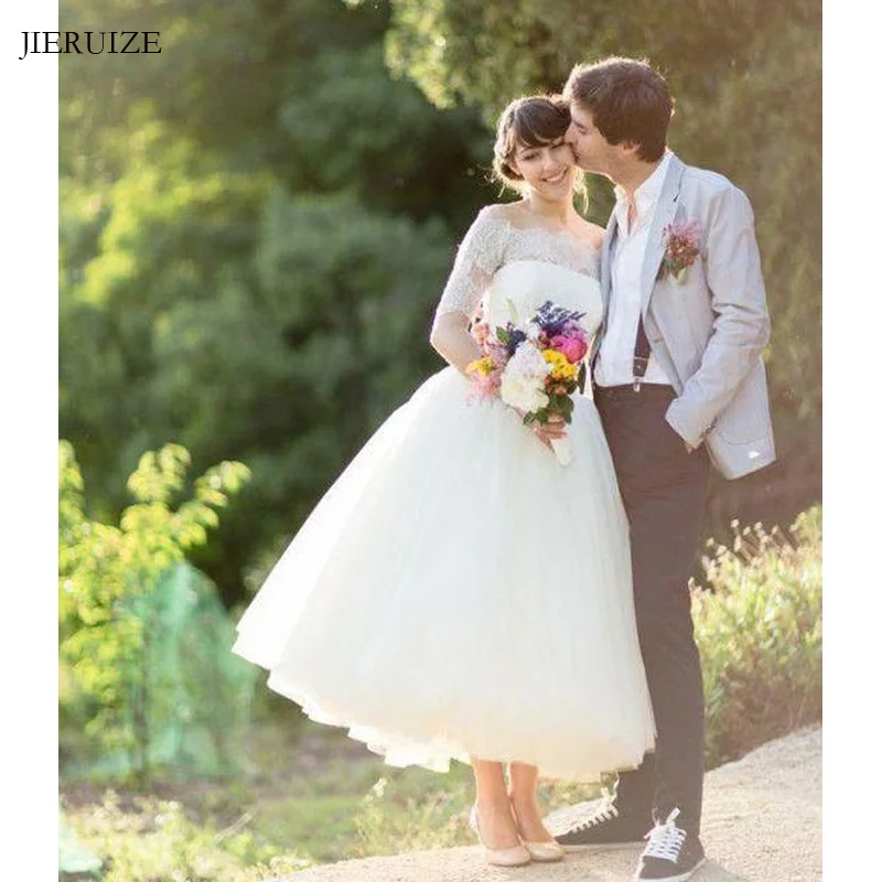 

JIERUIZE Off The Shoulder Tea Length Short Wedding Dresses 2019 Half Sleeves Ball Gown Bride Dress Wedding Gowns abito da sposa