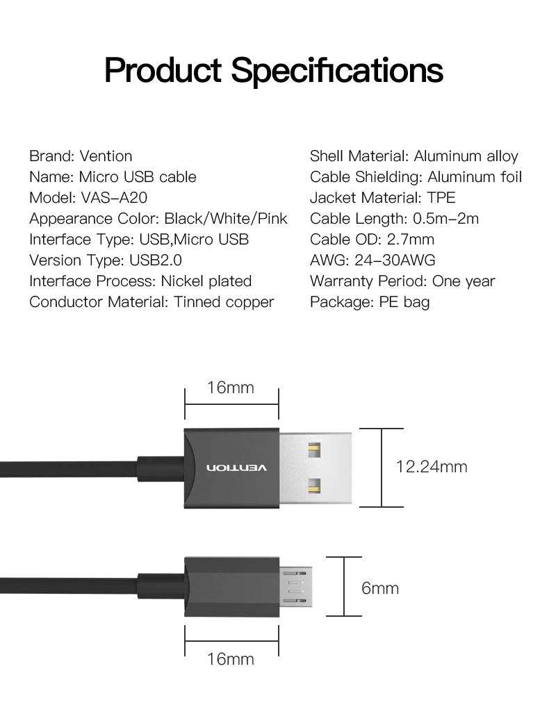 Vention Micro USB кабель 2A Быстрая зарядка для samsung Xiaomi USB кабель для передачи данных мобильный телефон зарядный кабель для Android huawei планшет