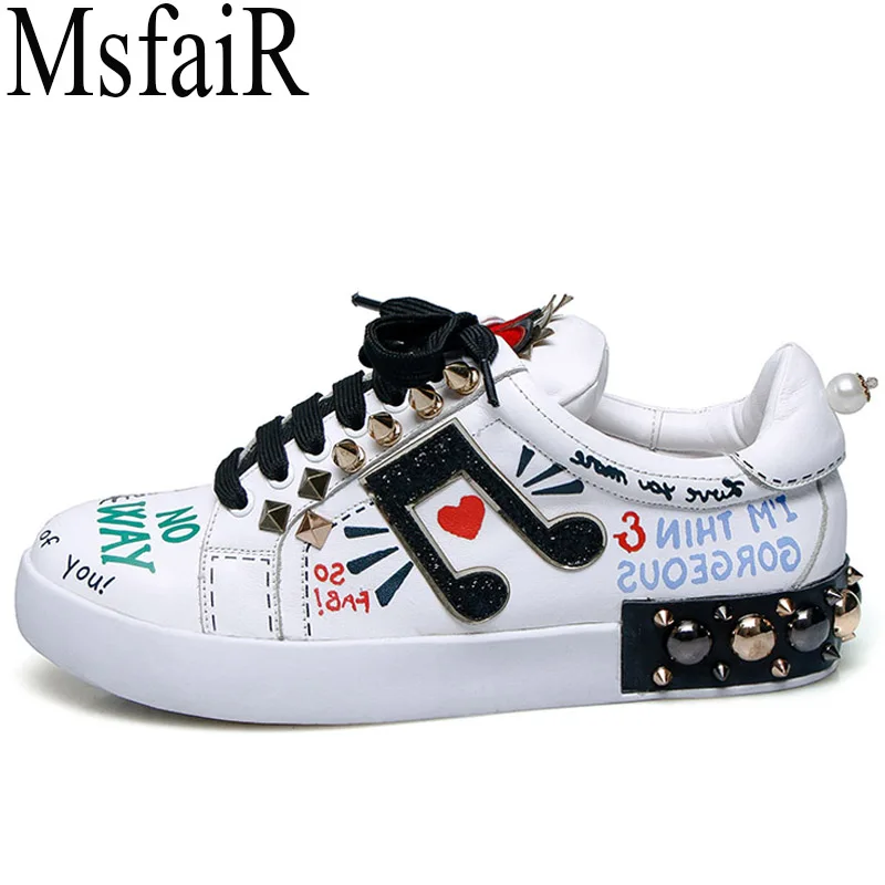 

MSFAIR 2018 Skateboarding Shoes White Flat With Canvas Shoes Woman Brand Genuine Leather Womens Sneakers Walking Sport Shoes