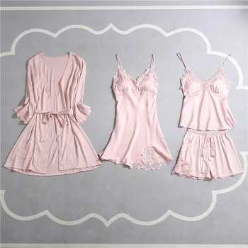 

Black Womens 4PC Strap Top Pants Suit Pajamas Sleepwear Sets Spring Home Wear Nightwear Sexy Kimono Robe Bath Gown Bathrobe