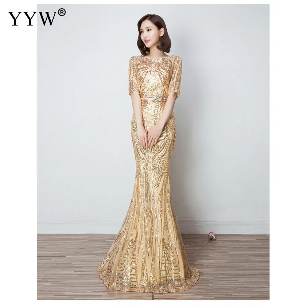 Gold Sequins Luxury Evening Dress Women Slim Elegant Mermaid Long Party Gowns Floral O Neck Sexy Special Occasion Wear For Women