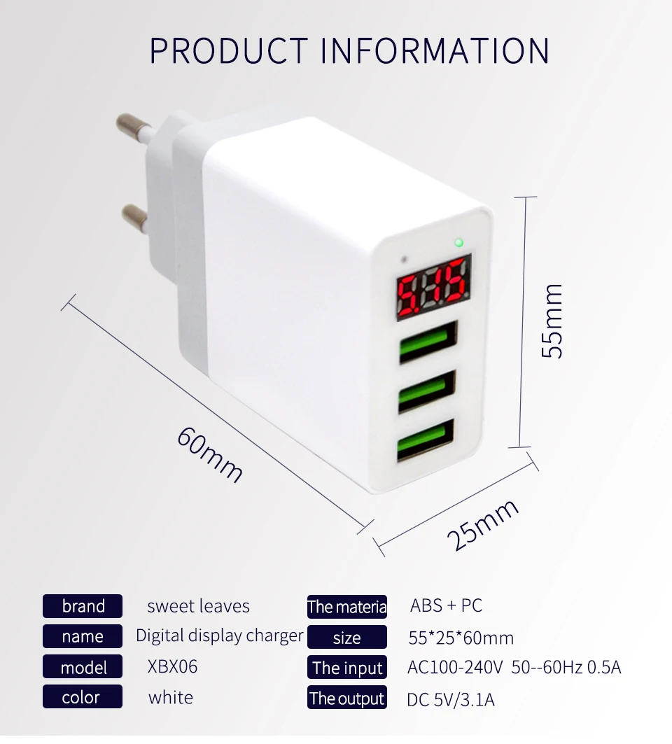 Wall Charger EU Adapter LED Display 3 USB Charger Universal Mobile Phone USB Charger Fast Charging For iPhone Samsung Xiaomi (9)