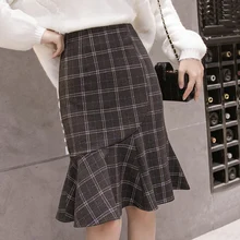Новые осенние элегантные женские юбки клетчатые юбки Высокая талия шерстяное офисная обувь; Женская юбка-годе