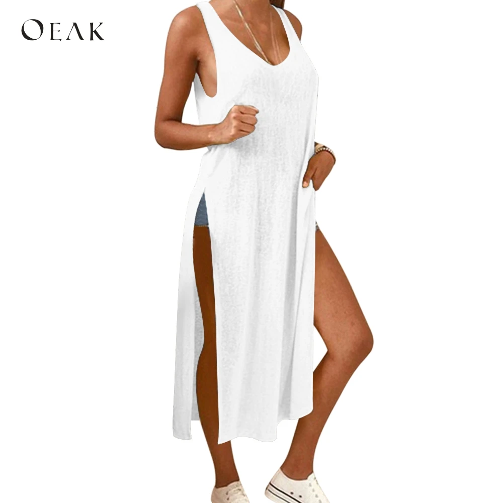 

Oeak 2019 Womens Summer Sleeveless V Neck Side Slit Casual Beach Party Long Dress Femme Solid Maxi Sexy Evening Sundress