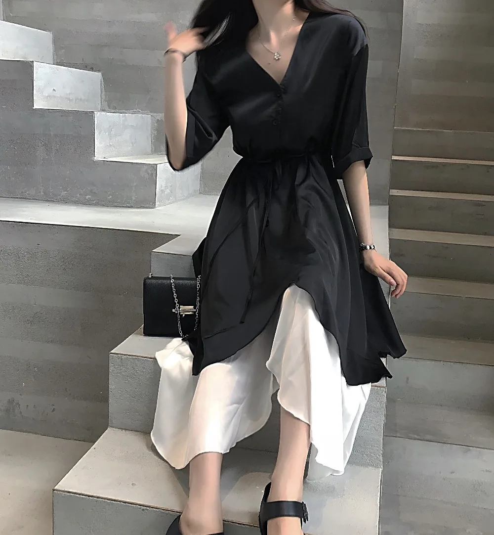 

Cakucool New Black Summer Dress V-neck Asymmetric Long Vestido Empire Gothic Japanese Satin Faux Two-piece Dresses Plus size