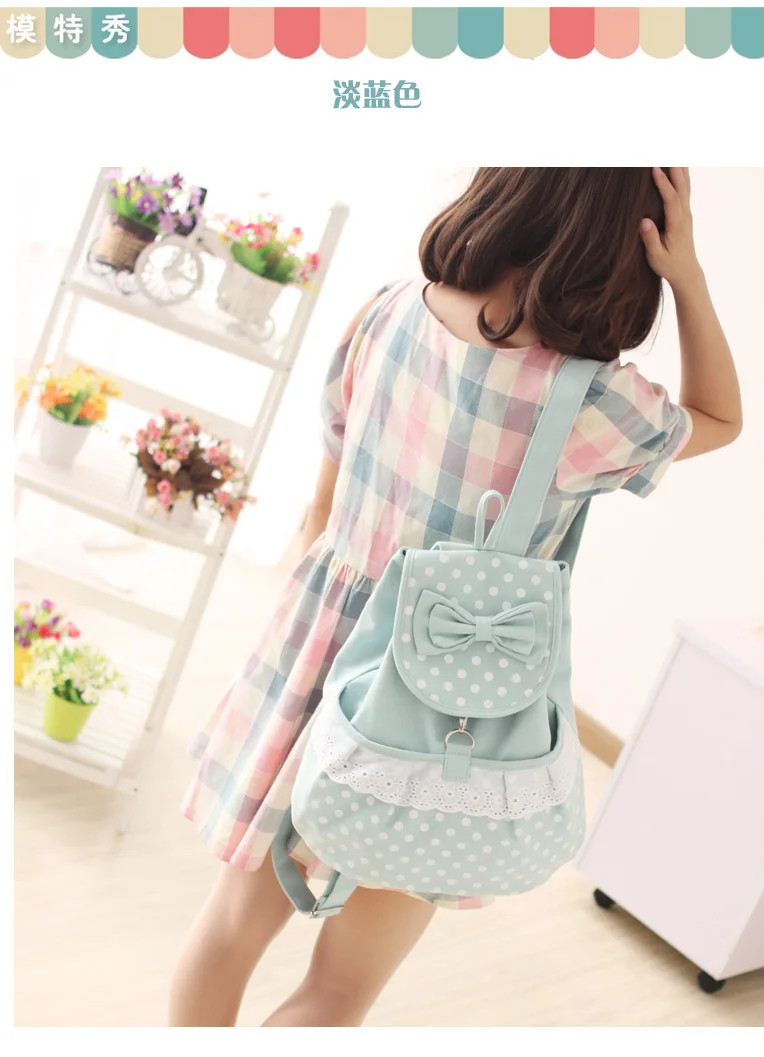Mochilas de Viagem Adomoe Japão Estilo Kawaii Laço Arco Mochila Adolescentes Lona Ocasional Bolsa Escolar Coreano Mori Menina Estudantes Frescos Dot 3 High Quality Bolsas e Malas