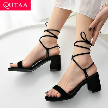 

QUTAA 2019 Women Sandal Coarse High Heel Kid Suede Ankle Strap Round Open-toed Hollow Slingback Summer Women Pumps Size 34-39