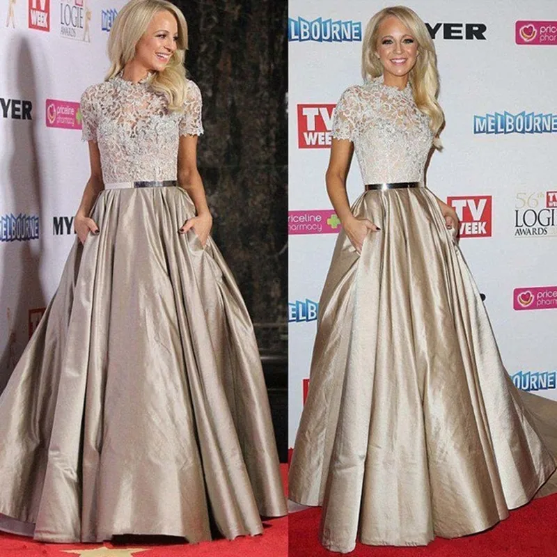 

2016 Red Carpet Celebrity Dresses Party Evening Prom Dress With Sleeve High Neck Lace Stain Court Train Custom Made