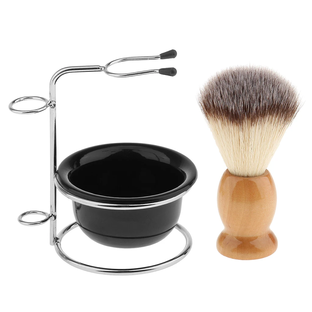 Men Barber Wood Shaving Brush + Stainless Steel Stand + Acrylic Bowl Kit Set