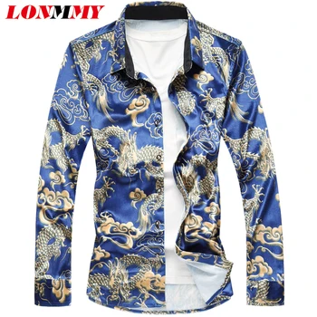 

LONMMY 6XL 7XL Gold velvet blouses slim fit mens shirts Casual Long sleeve Shirts men dress Mens clothing Black Blue 2019 New