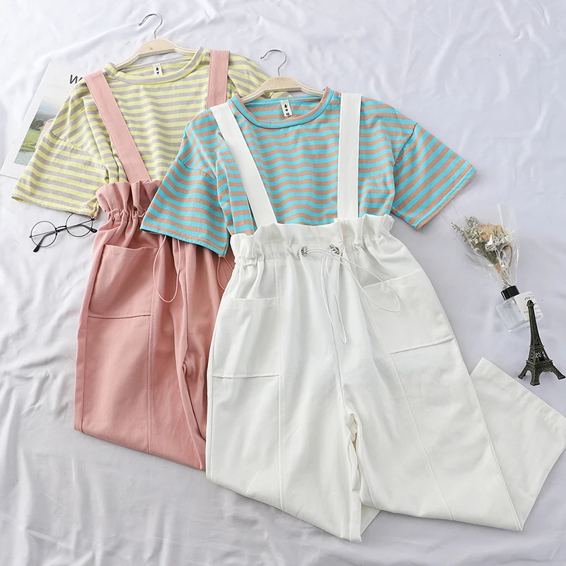 

Women Two Piece Sets 2019 Casual Striped Short Sleeve Tops + Fashion Drawstring Strap Trousers Female 2 Piece Sets Womens Outfit