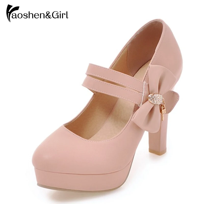 

Haoshen&Girl Platform Butterfly Bow Shoes Women Pumps New Arrival European PU Leather Solid Thick High Heels Shoes Size 32-43