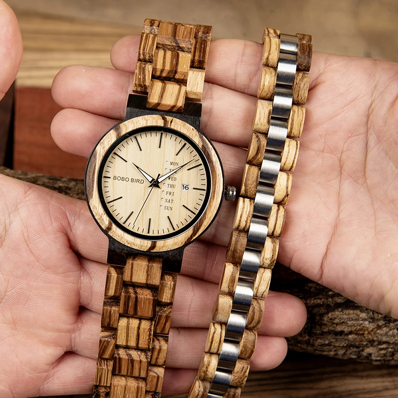 

reloj hombre BOBO BIRD Men Watch Wooden Bracelet Nature Wood Watch Handmade Auto Date Week Quartz Wristwatches Customized Gifts