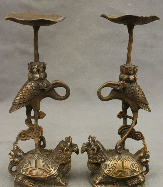 12" China Silver Bronze Crane Dragon Turtle Candle Stick Statue Pair 