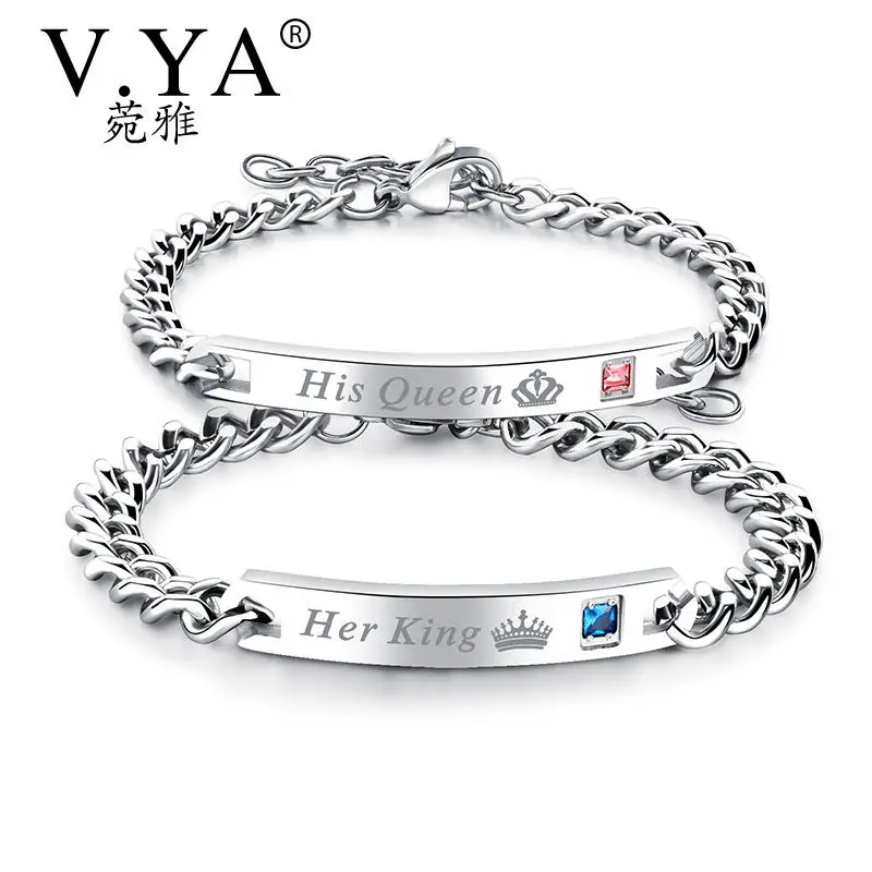 

V.Ya Unique Gift for Lover "His Queen""Her King " Couple Bracelets Stainless Steel Bracelets For Women Men Jewelry Drop Shipping