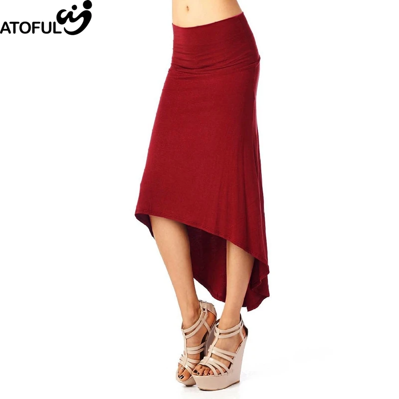 

ATOFUL Fashion Summer Women Skirt Slim Sexy Wrap Banded Waist Draped Women Skirt Solid Cut Out Asymmetrical Hem Pencil Skirts