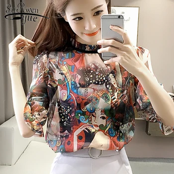 

Plus Size Chiffon women Blouse shirt fashion 2018 summer printing women 's clothing flare sleeve sweet women tops blusas 66C 30