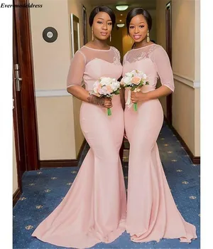 

Blush Pink Mermaid Bridesmaid Dresses Long Half Sleeves Sheer O-Neck Button Back Sweep Train Lace Appliques Prom Party Gowns