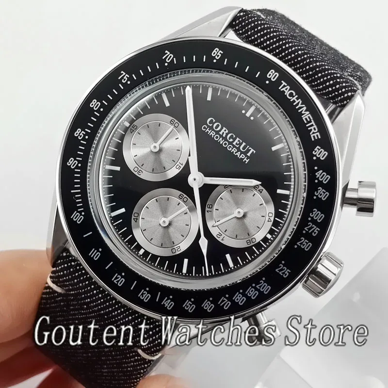 Corgeut 40 мм мужские хронограф черный циферблат полированные корпусные кварцевые часы