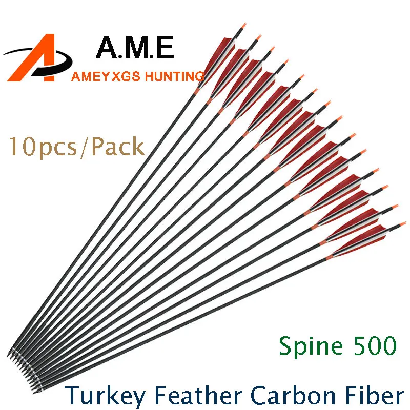 

10pcs/Pack Spine 500 Turkish Feather Shooting Arrows Carbon Fiber Iron Bolts Arrows Suitable Composite Bow Long Archery Hunting