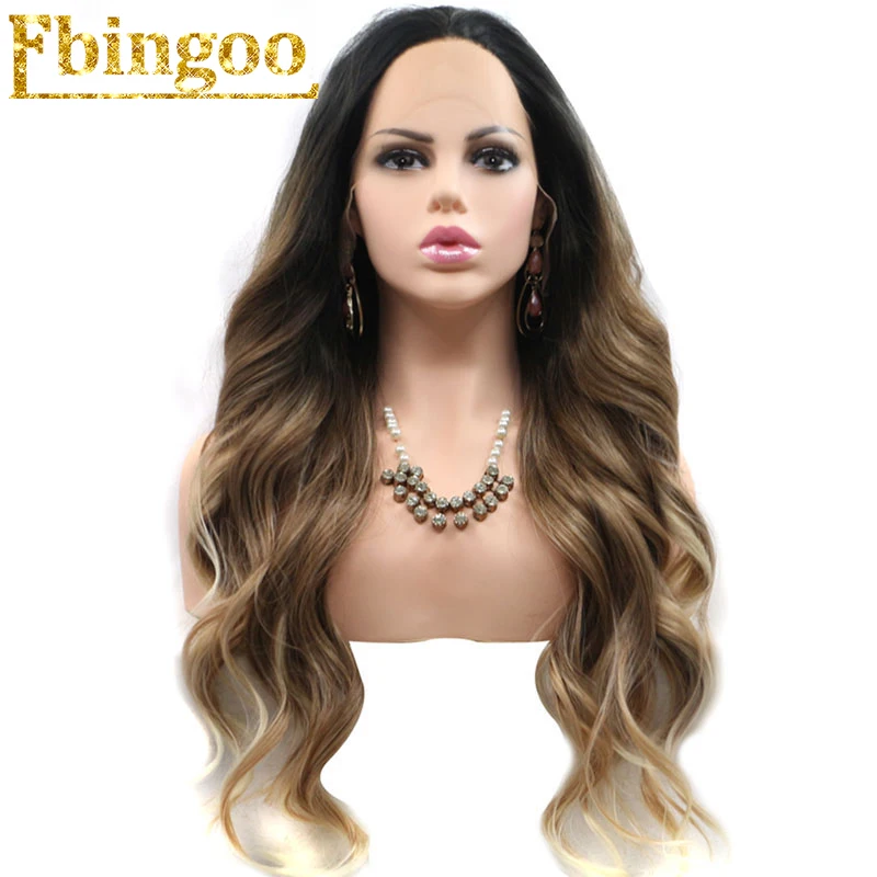 

Ebingoo High Temperature Fiber Peruca Long Body Wave Dark Roots Black Ombre Blonde Synthetic Lace Front Wig For Women