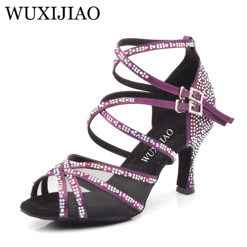 WUXIJIAO, черный, фиолетовый, бронзовый, для танцев, для женщин, полностью Стразы, для женщин, для сальсы, танцевальная обувь, для латинских танцев, сальса, обувь для взрослых, обувь на каблуке