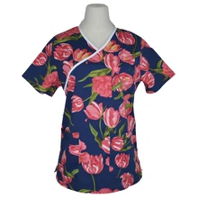 [Топ] Женская мода тюльпаны печать Спецодежда с галстуком на спине