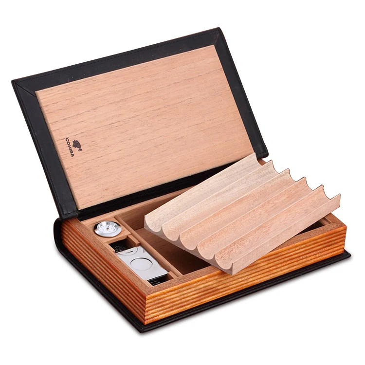 COHIBA Classic Gadgtes Antique Book Style Cigar Humidor Mini Cedar Wood Lined Leather Cigar Case Box Cutter Humidifier Set