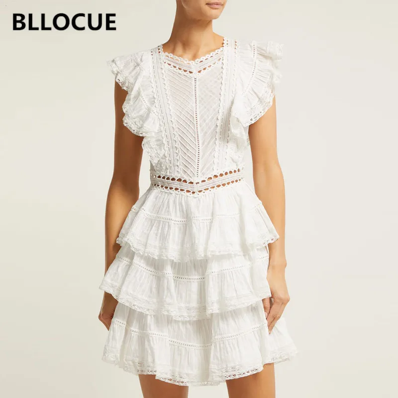 

BLLOCUE 2019 High-end Luxury Runway Self Portrait Dresses Women Summer Sexy Backless Hollow Out Lace Sleeveless Ruffles Dress