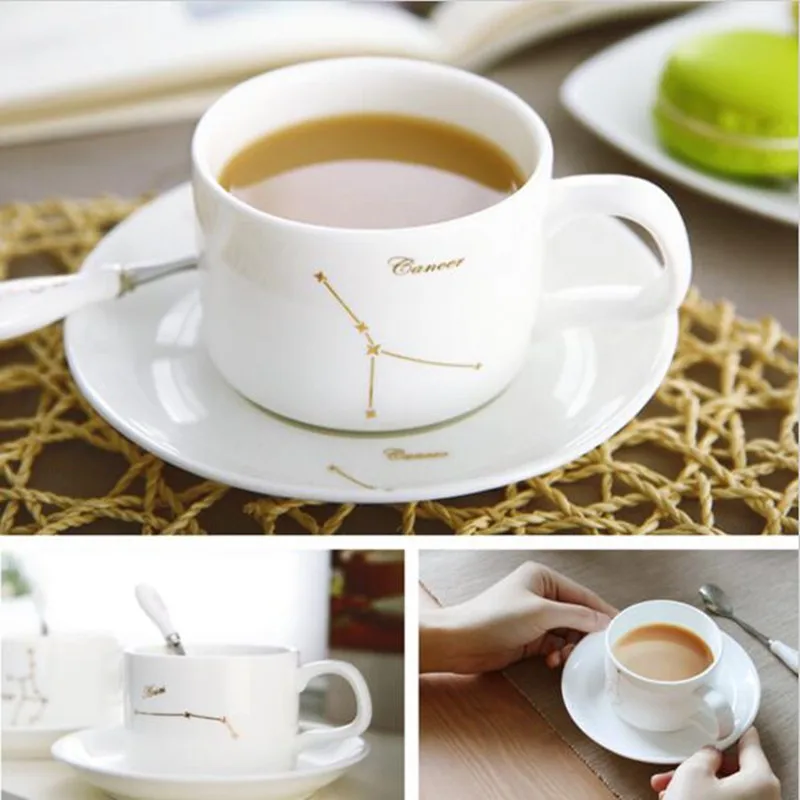 12 созвездий чашки маленькая керамическая молочная кофейная чашка с ложкой и блюдцем для чашка для завтрака кофе термостойкая хороший подарок