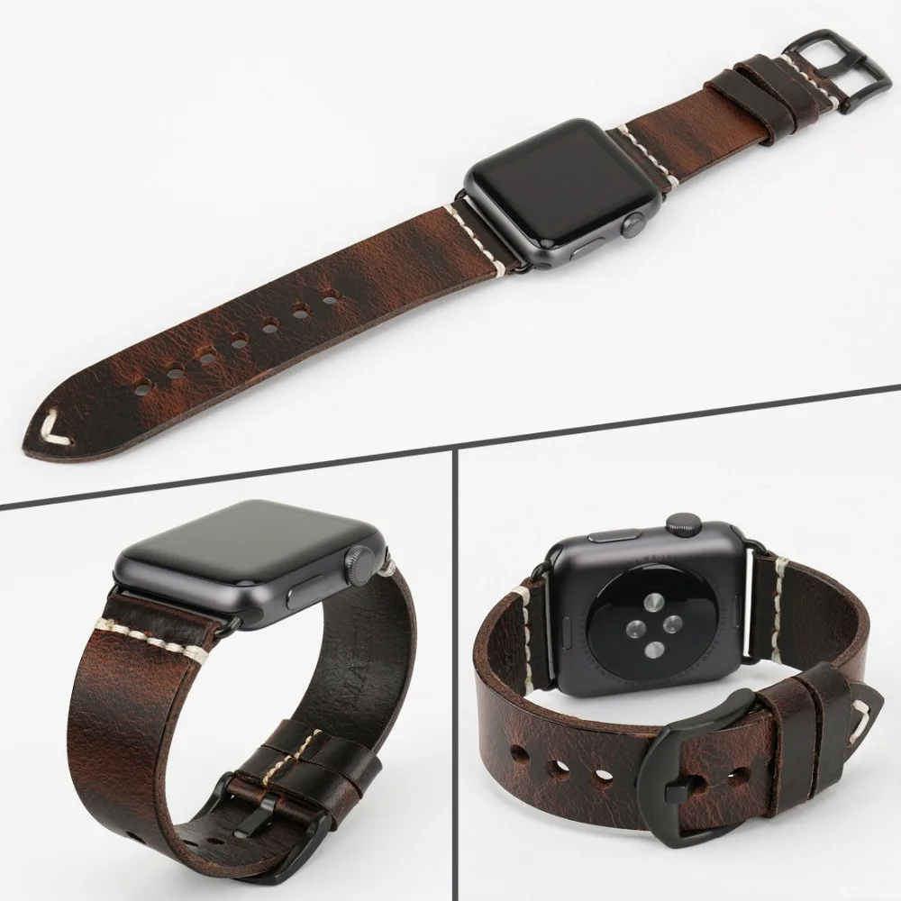 Cheap MAIKES Watch Accessories Bracelets Genuine Leather Strap For Apple Watch Strap 44mm 40mm iWatch Bands 42mm 38mm Watchband