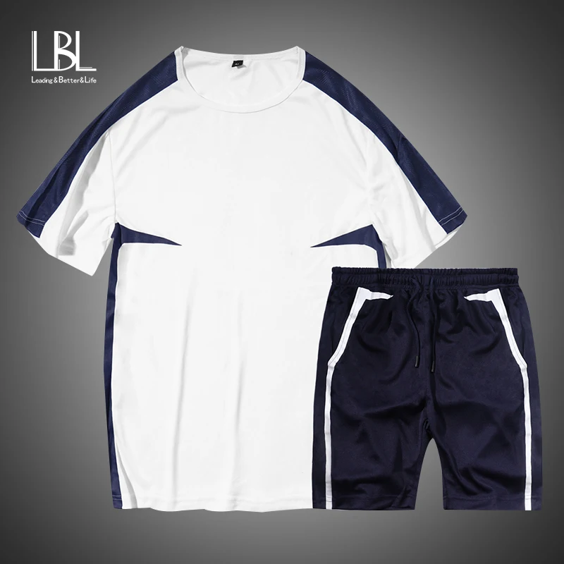 

2019 Summer Men's Short Sleeve Stripe T Shirt Casual Male O-neck Streetswear Tops Fashion Casual TShirt + Shorts Suit Set Homme