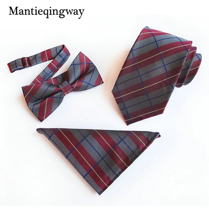 Mantieqingway Мода 2017 г. бабочкой + галстук + Pocket Square Set для Для мужчин полиэстер Бизнес Галстуки комплект подарки hankerchief Gravatas Hanky